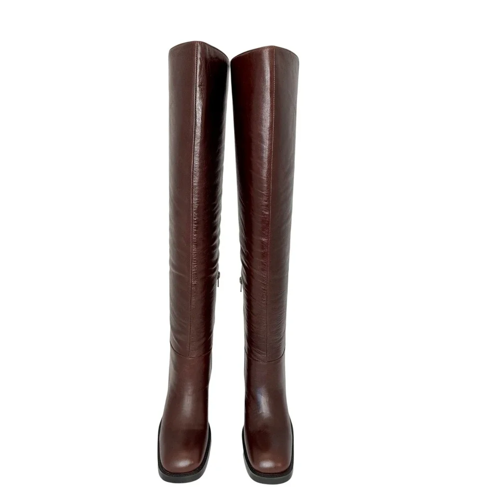 Jeffrey Campbell Vinyl Brown Over‎ The Knee Square Toe Heel Boots Womens 5.5 NIB